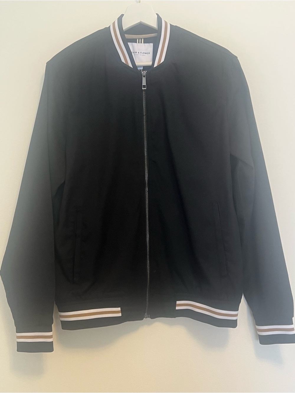 Denim & Flower Black Bomber Jacket with White and Tan Stripe Trim